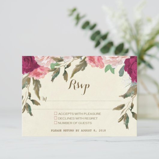Bruiloft RSVP kaart Ivoor Bourgondië Bloemen (Staand voorkant)