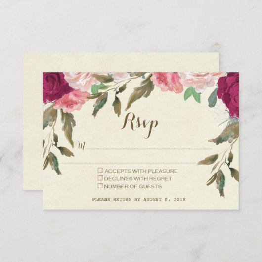 Bruiloft RSVP kaart Ivoor Bourgondië Bloemen (Voorkant / Achterkant)