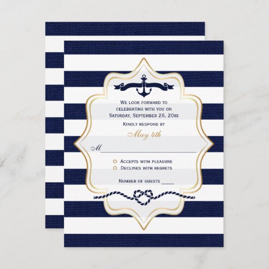 Bruiloft RSVP kaart | Marine, Witte Nep Bouclé Str (Voorkant / Achterkant)