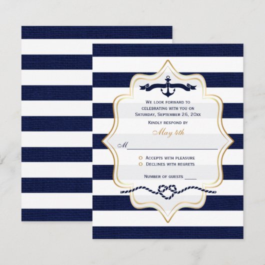 Bruiloft RSVP kaart | Marineblauw, Witte namaak bu (Voorkant / Achterkant)