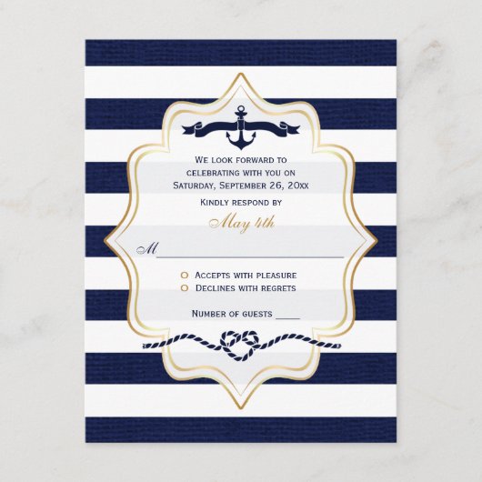 Bruiloft RSVP kaart | Marineblauw, Witte nepburlap (Voorkant)