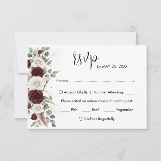 Bruiloft RSVP kaart met bloemen in bordeauxroze ti (Voorkant)