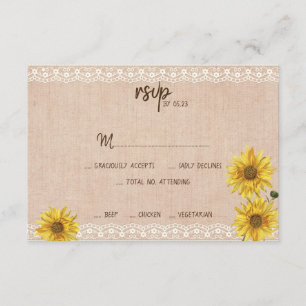 Bruiloft RSVP kaart met kant en jute zonnenbloemen