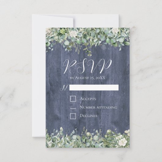 Bruiloft RSVP kaart Navy Hout Eucalyptus | Landeli (Voorkant)