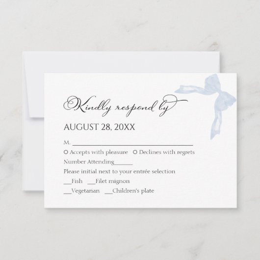 Bruiloft RSVP Kaarten | Dusty Blue Bow kalligrafie (Voorkant)