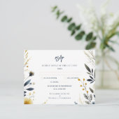 BRUILOFT RSVP KAARTEN | Navy Blue Geel Goud Bloeme (Staand voorkant)