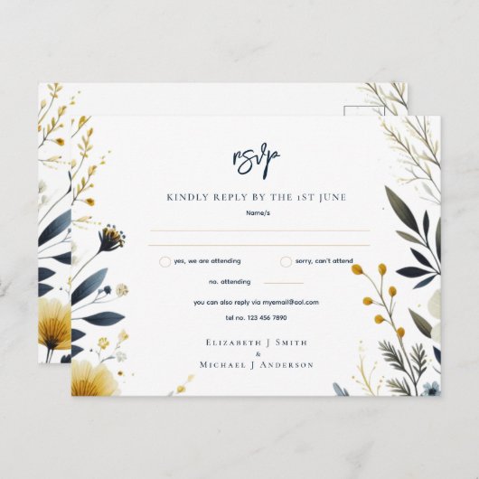 BRUILOFT RSVP KAARTEN | Navy Blue Geel Goud Bloeme (Voorkant / Achterkant)