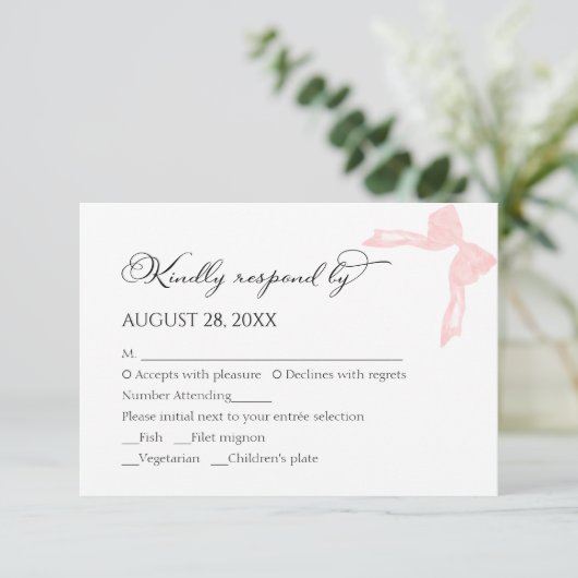 Bruiloft RSVP Kaarten | Pink Bow-kalligrafie (Staand voorkant)