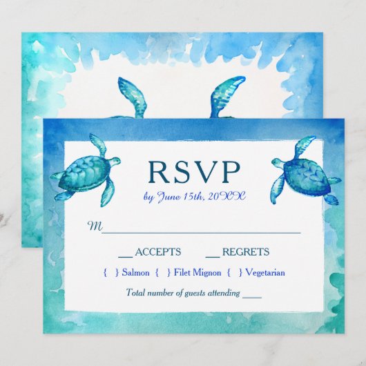 Bruiloft RSVP Kaarten voor Blauwe en Groene Zeesch (Voorkant / Achterkant)