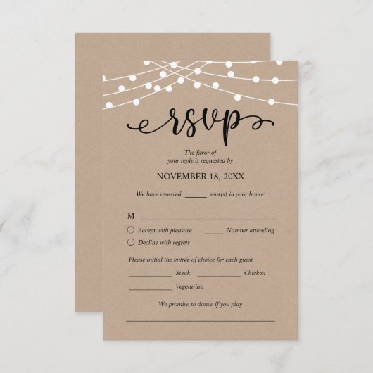 Bruiloft RSVP, Maaltijdopties, Kraft String Lights Informatiekaartje (Voorkant / Achterkant)