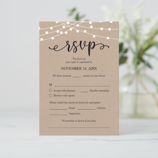 Bruiloft RSVP, Maaltijdopties, Kraft String Lights Informatiekaartje (Staand voorkant)
