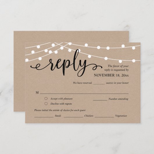 Bruiloft RSVP, Maaltijdopties, Kraft String Lights Informatiekaartje (Voorkant / Achterkant)