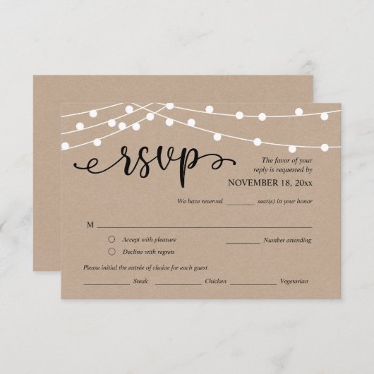 Bruiloft RSVP, Maaltijdopties, Kraft String Lights Informatiekaartje (Voorkant / Achterkant)