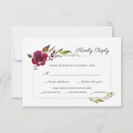 Bruiloft RSVP met bordeauxrode bloemen en groen Kaartje