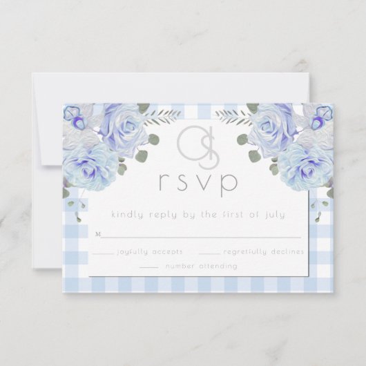 Bruiloft RSVP | Monogram Blauw Gingham Bloemen Kaartje (Voorkant)