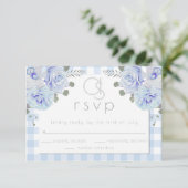 Bruiloft RSVP | Monogram Blauw Gingham Bloemen Kaartje (Staand voorkant)
