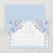 Bruiloft RSVP | Monogram Blauw Gingham Bloemen Kaartje (Voorkant / Achterkant)