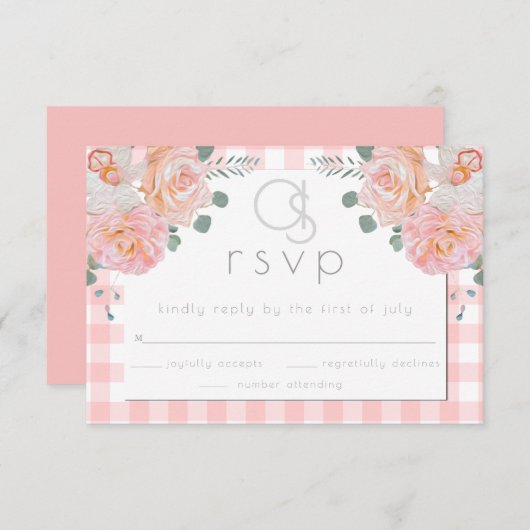 Bruiloft RSVP |  Monogram Koraal Gingham Bloemen (Voorkant / Achterkant)