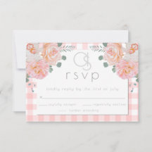 Bruiloft RSVP |  Monogram Koraal Gingham Bloemen
