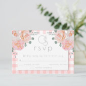 Bruiloft RSVP |  Monogram Koralen Geruite Bloemen (Staand voorkant)