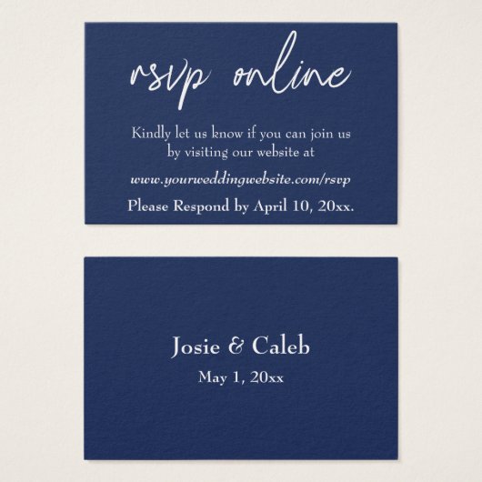 Bruiloft RSVP Online invoegen Wit Script & Marine, Visitekaartje (Voorkant /achterkant)