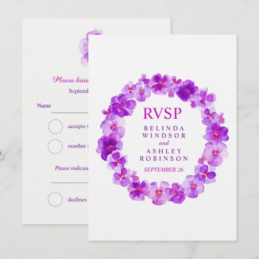Bruiloft RSVP paarse bloemen viola krans Kaart (Voorkant / Achterkant)