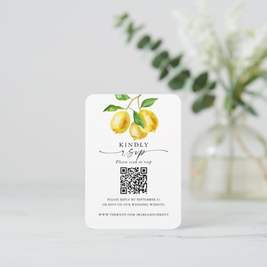 Bruiloft RSVP QR Code Citroen Citrus Informatiekaartje (Staand voorkant)