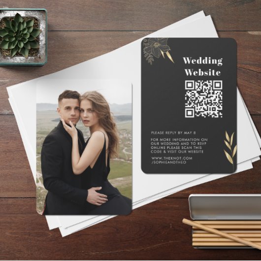Bruiloft RSVP | QR Code Modern Zwart Goud foto Informatiekaartje