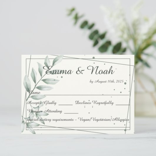 Bruiloft RSVP Reactie Kaart Romantisch Groen Blade (Staand voorkant)
