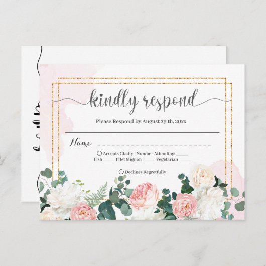 Bruiloft RSVP retro waterverf roze en bloemen Briefkaart (Voorkant / Achterkant)