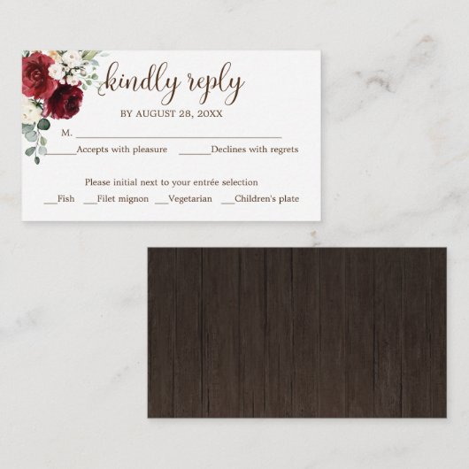 Bruiloft RSVP Rustiek Hout Bourgogne Bloemen Informatiekaartje (Voorkant / Achterkant)