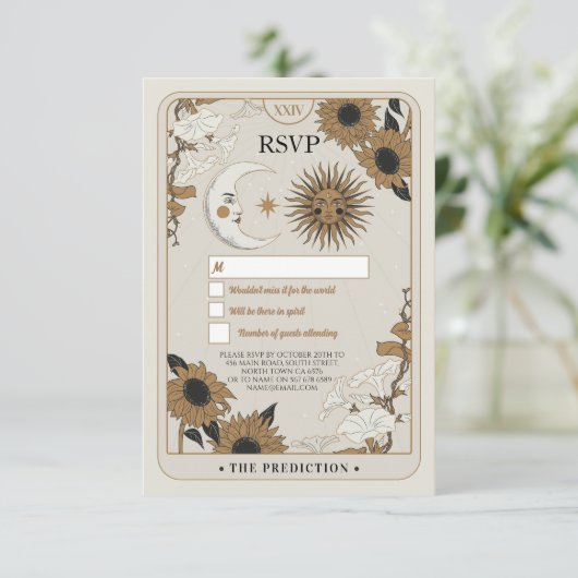 Bruiloft RSVP Tarot Moon Stars Uitgelijnd Reageer  Kaart (Staand voorkant)