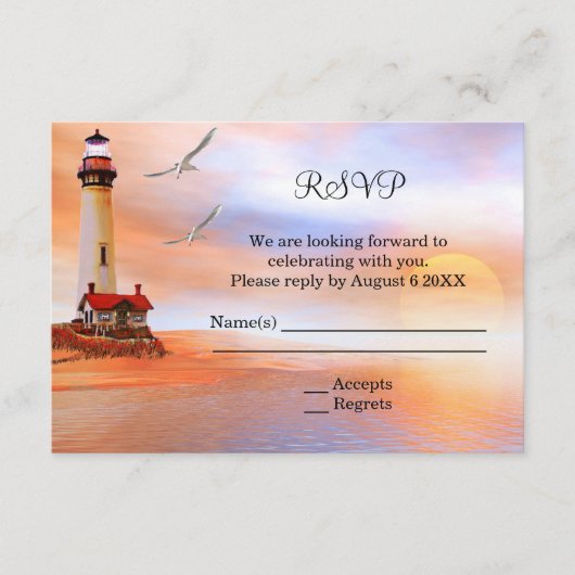 Bruiloft RSVP uitnodiging met strandvuurtoren (Voorkant)