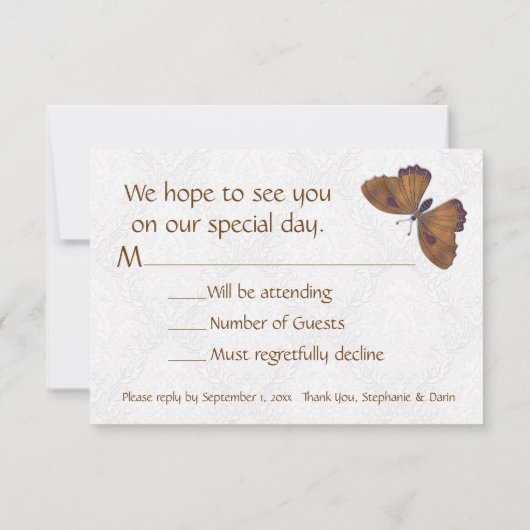 Bruiloft RSVP Vlinder Brokaat bruin Kaartje (Achterkant)