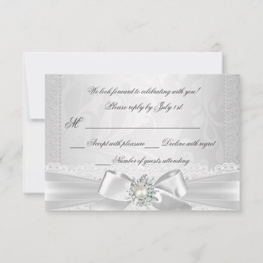 Bruiloft RSVP Witte Parel Kant Damast Diamant (Achterkant)