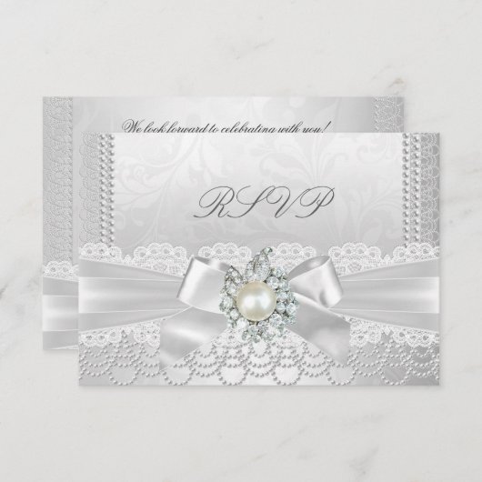 Bruiloft RSVP Witte Parel Kant Damast Diamant (Voorkant / Achterkant)