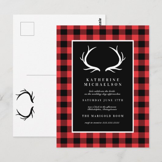 BRUILOFT | Rustic Herten Buffalo Geruit Briefkaart (Voorkant / Achterkant)