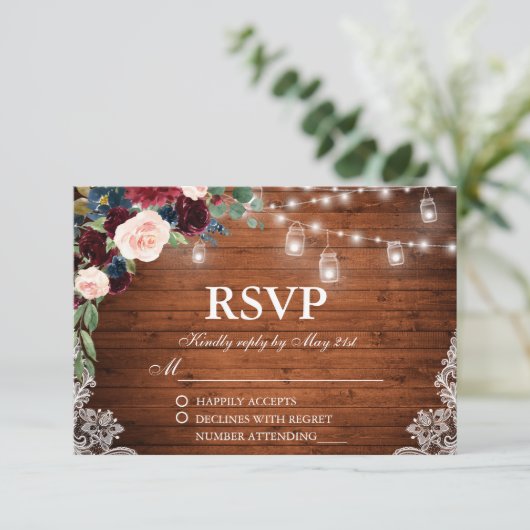 Bruiloft Rustiek Hout Bourgogne Blauw Bloemen RSVP (Staand voorkant)