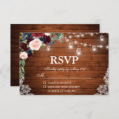 Bruiloft Rustiek Hout Bourgogne Blauw Bloemen RSVP (Voorkant / Achterkant)