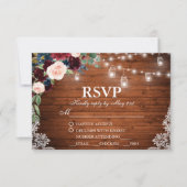 Bruiloft Rustiek Hout Bourgogne Blauw Bloemen RSVP (Voorkant)