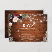 Bruiloft Rustiek Hout Bourgogne Blauw Bloemen RSVP (Voorkant / Achterkant)