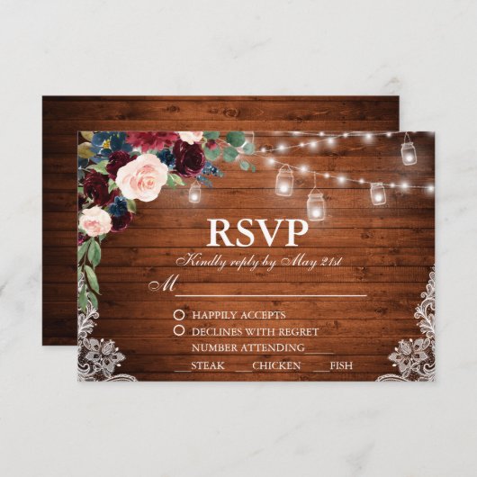 Bruiloft Rustiek Hout Bourgogne Blauw Bloemen RSVP (Voorkant / Achterkant)