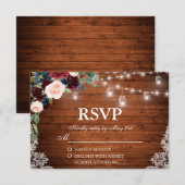 Bruiloft Rustiek Hout Bourgogne Blauw Bloemen RSVP Kaartje (Voorkant / Achterkant)