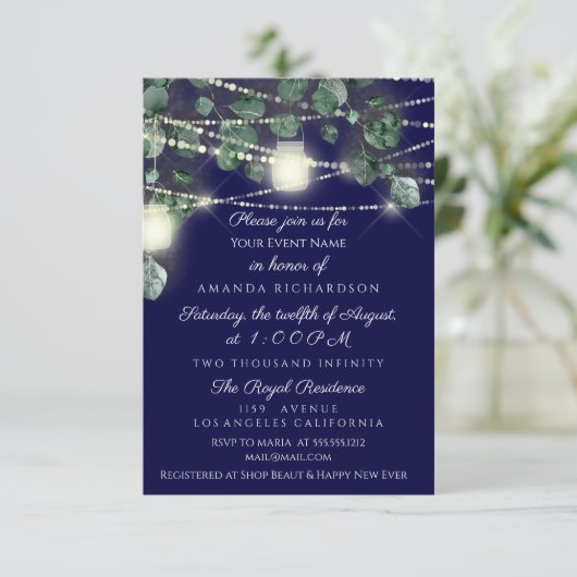 Bruiloft Rustiek Hout Goud Navy Potten Lichten Kaart (Staand voorkant)