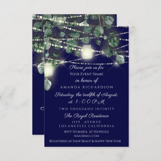 Bruiloft Rustiek Hout Goud Navy Potten Lichten Kaart (Voorkant / Achterkant)