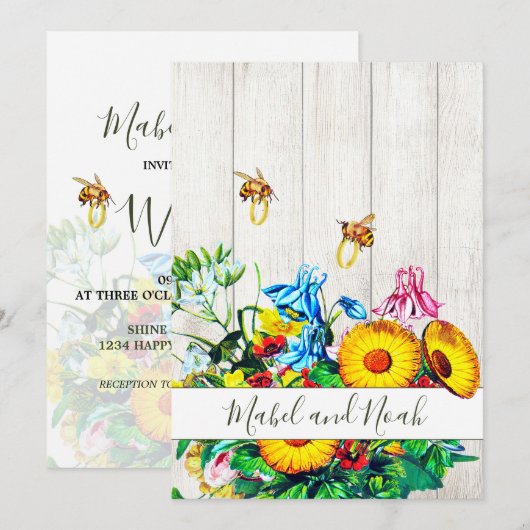 Bruiloft Rustieke Bloemen Honing Bijen Goud Eco Kaart (Voorkant / Achterkant)