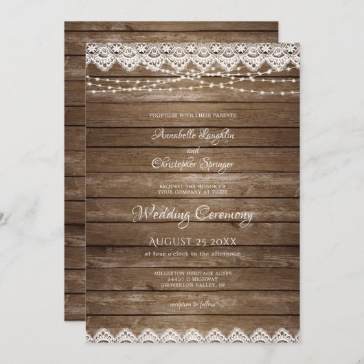 Bruiloft rustieke hout witte kant string lichten kaart (Voorkant / Achterkant)