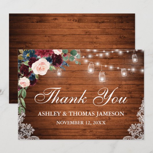 Bruiloft Rustieke Houten Kruik Lichten Kant Bloeme Bedankkaart (Voorkant / Achterkant)