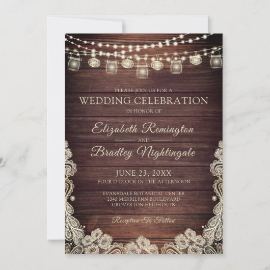 Bruiloft Rustieke Houten Lichten Mason Jars Kant Kaart (Voorkant)