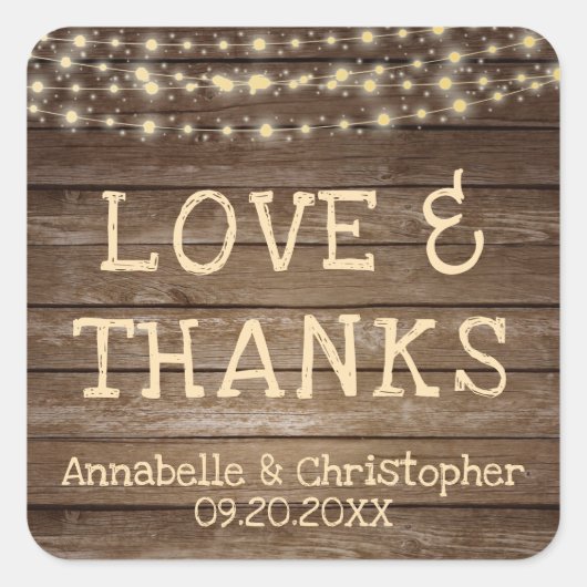 Bruiloft Rustieke Wood String Lights LIEFDE EN BED Vierkante Sticker (Voorkant)